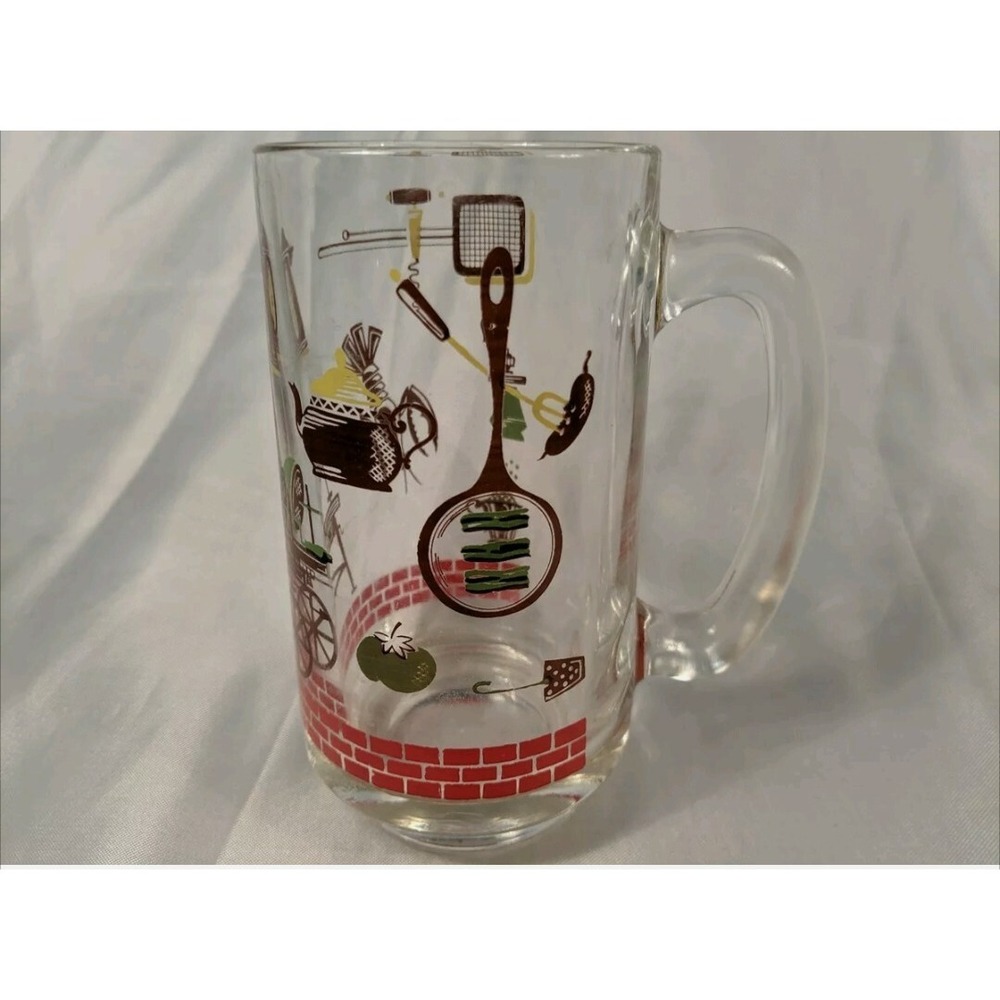 Vintage Mid Century Grilling Theme Beer Mug‎ Stein Glass Grill Lobster Bacon